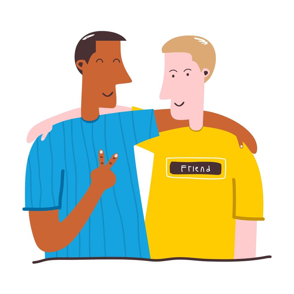 Two teenage men embrace each other cartoon characters on a white background. Excited, smiling young men, office workers, colleagues, brothers. Concept of friendship. Flat vector illustration