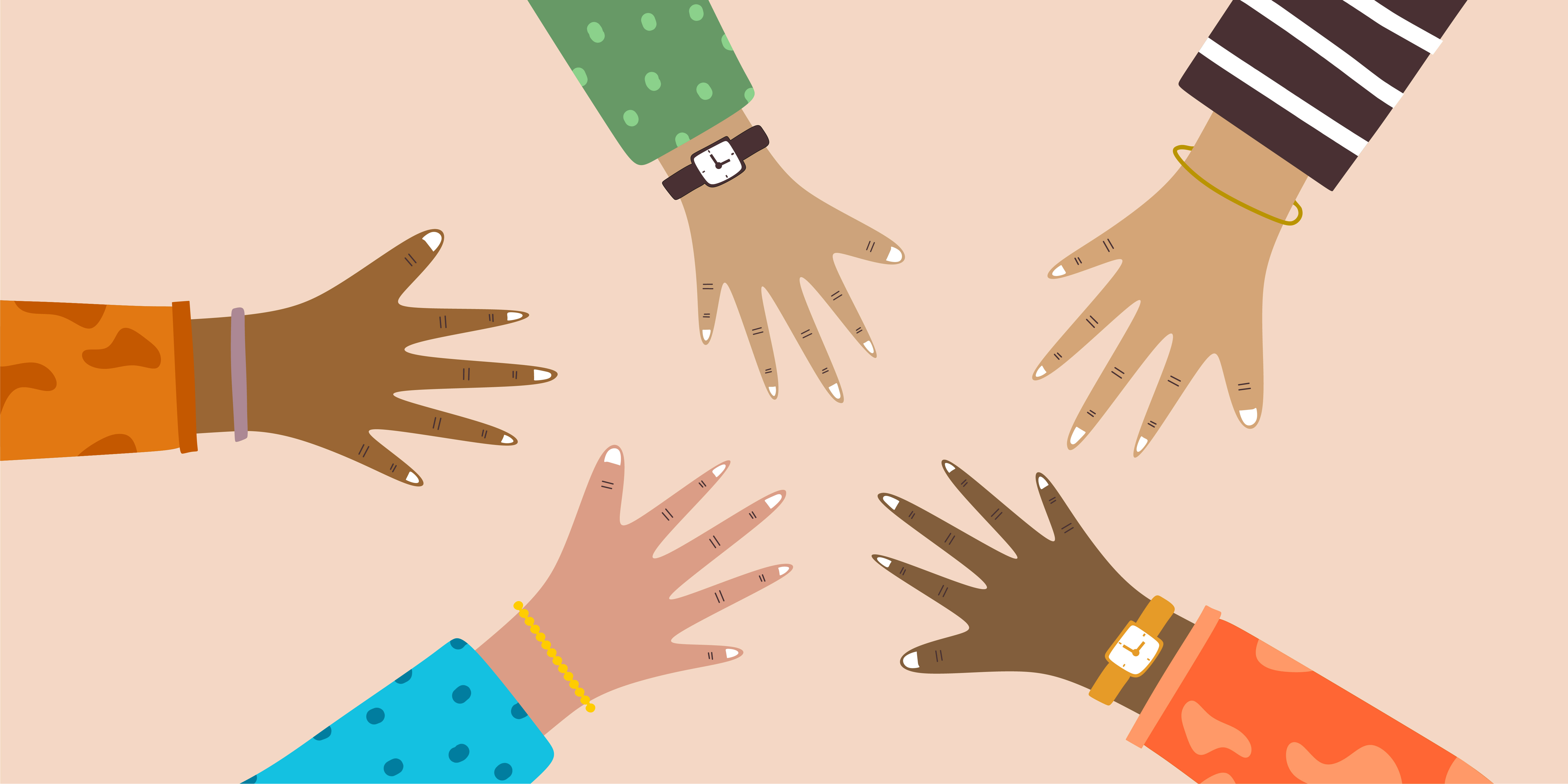 Hands of diverse group of people putting together. People promise each  other. Friends with hands showing unity and teamwork, top view. Concept of  team work. Flat colorful cartoon vector illustration 1903514 Vector
