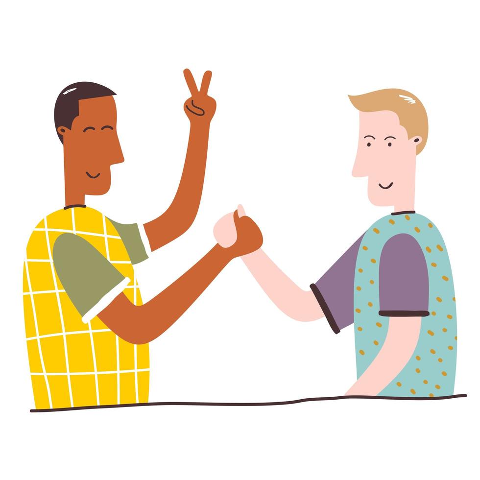 Two teenagers man holding hands each other cartoon characters on a white background. Excited, smiling young men, office workers, colleagues, brothers. Concept of friendship. Flat vector illustration