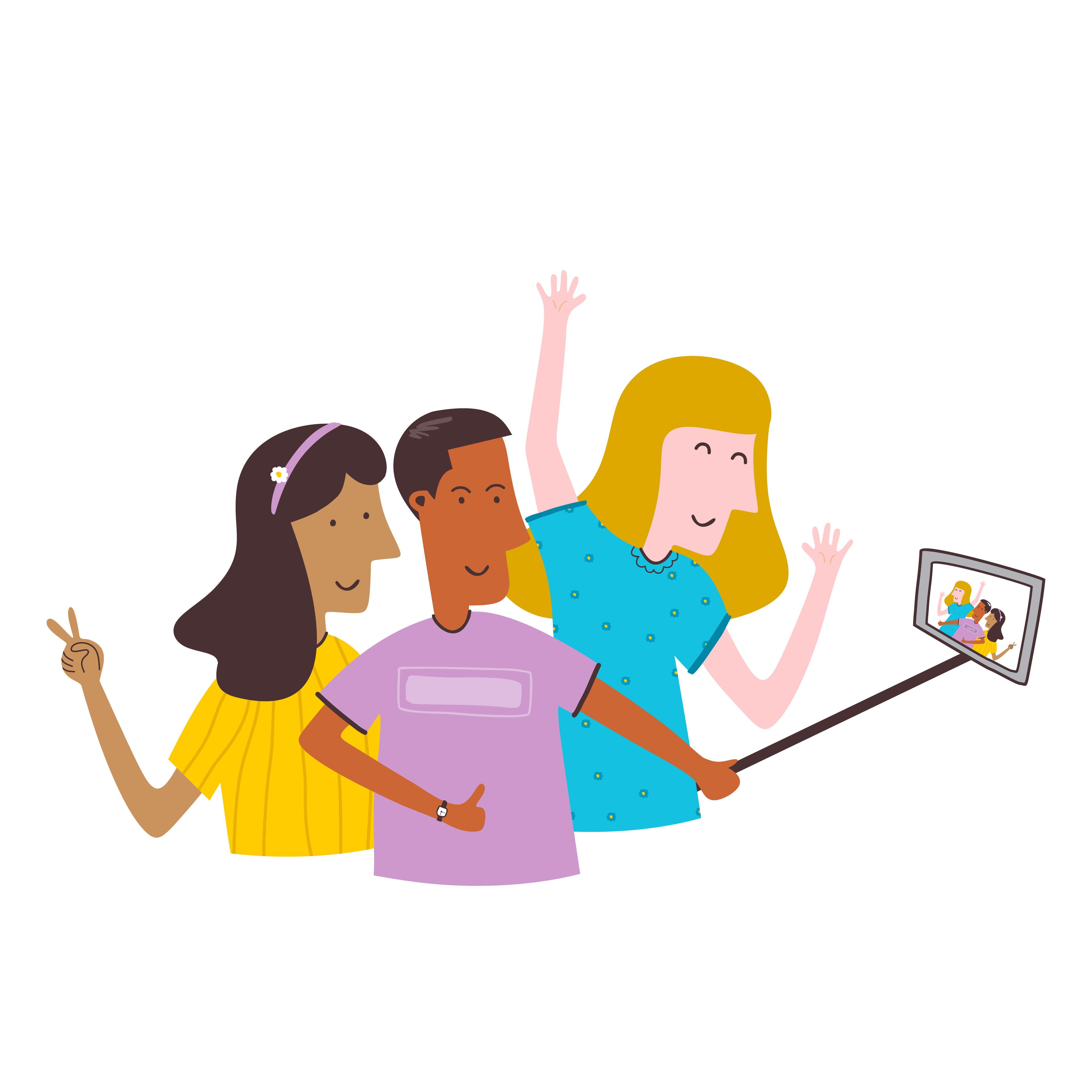 Selfie photo of friends with a phone. Two young girls and a boy taking  photo with funny pose. Friends taking selfie, group of happy people  photographing themselves. Flat cartoon vector illustration 1903551