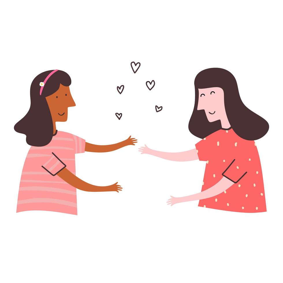 A girl is holding a hand's girl with a smiling face. Cheerful girl is very happy when meeting with her best friend and hug each other. Female friendship concept. Vector illustration of a flat design