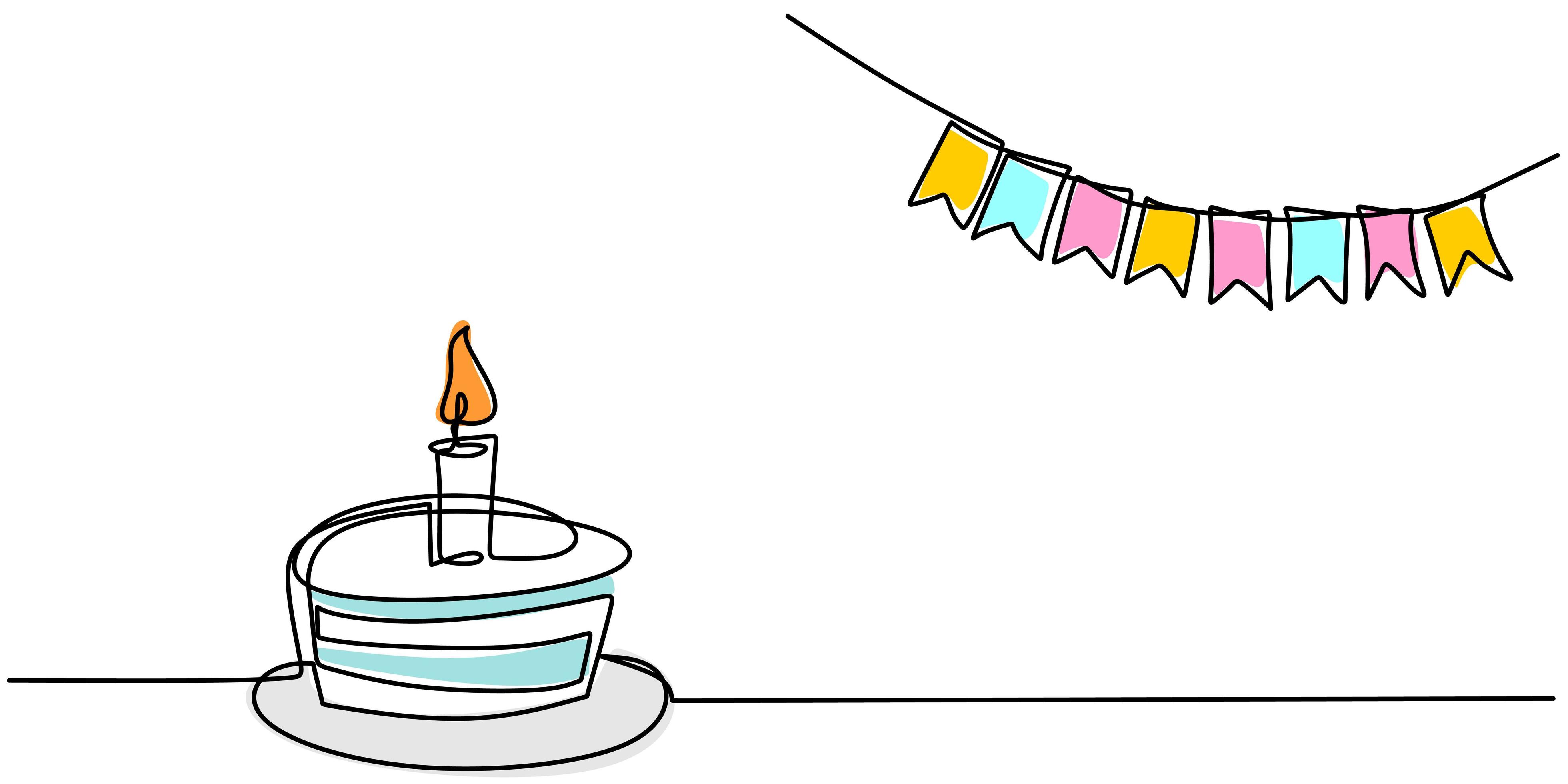 Continuous line drawing of birthday cake. A cake with sweet cream and