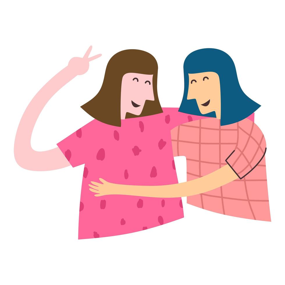 Ilustración de vector plano de amistad femenina. dos niñas de pie posan y se abrazan. personajes de dibujos animados de novias jóvenes alegres. concepto de amistad para banner, sitio web o página web