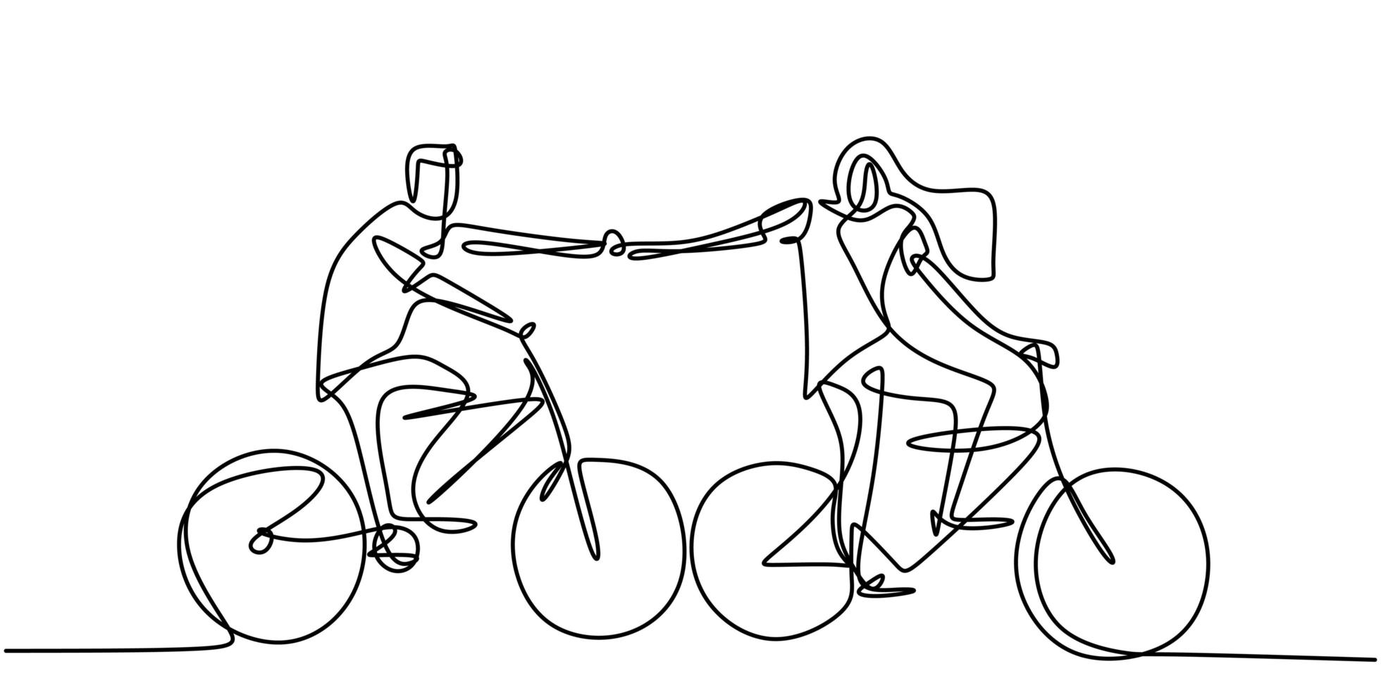 One line drawing of young happy couple on bicycle. Male and female take their hand and connecting together gesture. vector