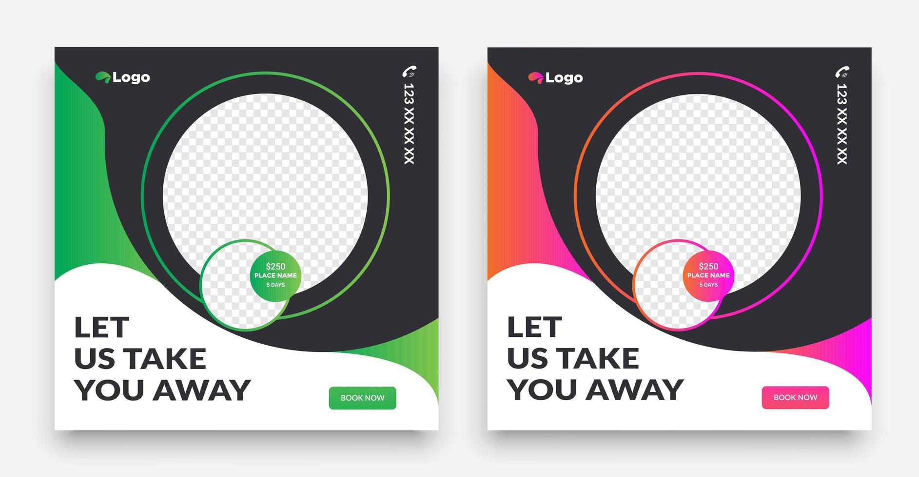 Travel social media post template with a cool typography design element and trendy gradient colors with sale and discount backgrounds. vector