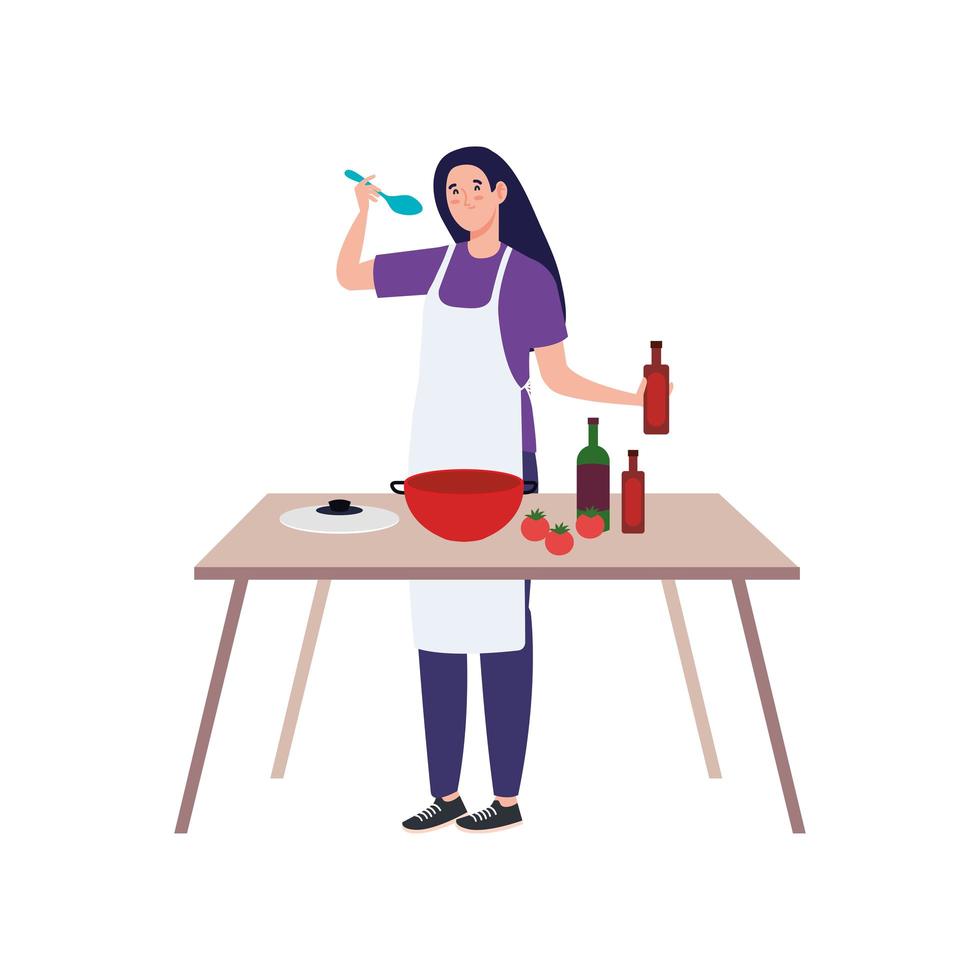 woman cooking using apron with wooden table, in white background vector