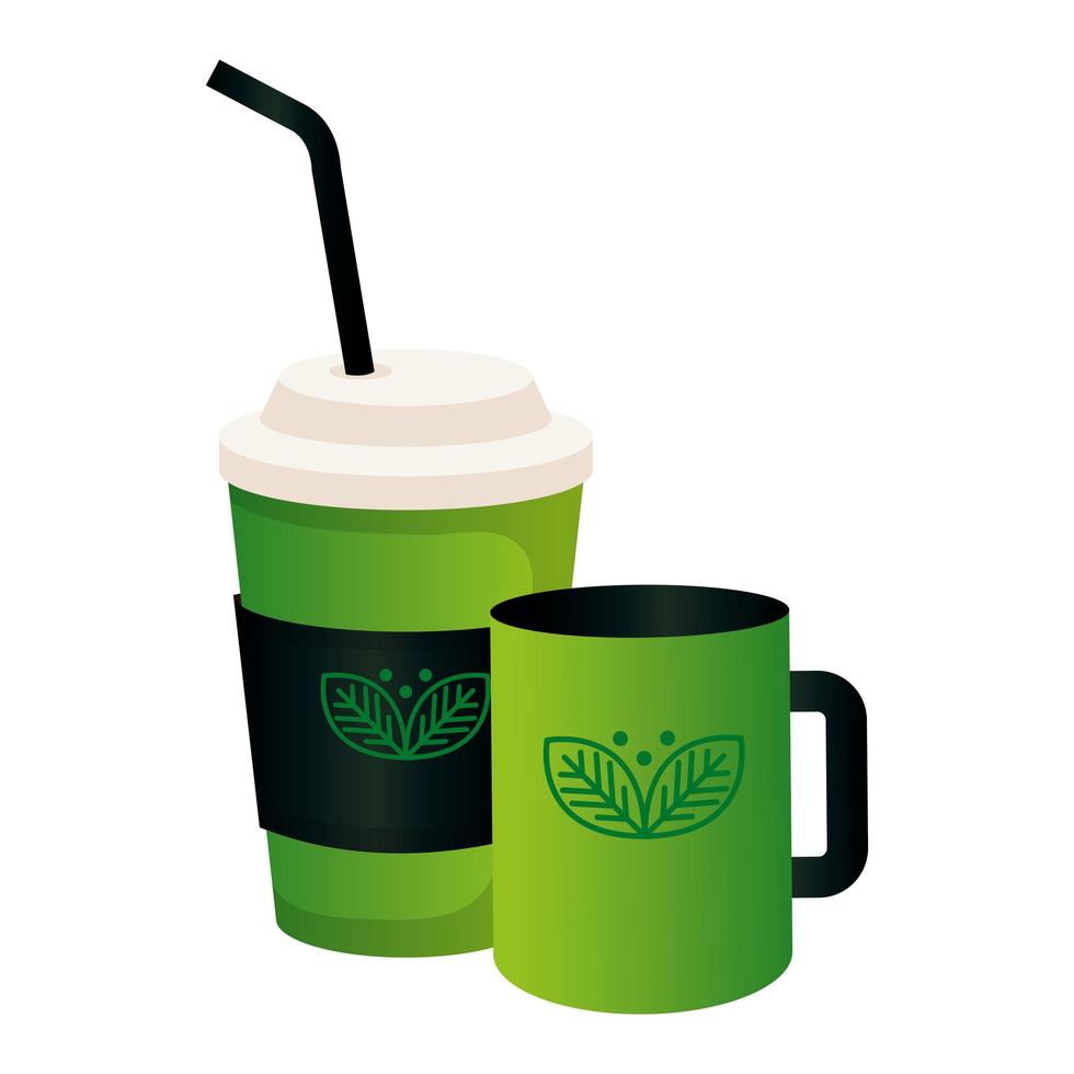 maqueta de café desechable y taza con signo de empresa verde, identidad corporativa vector