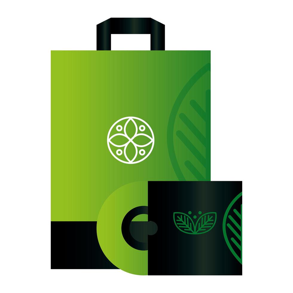 Maqueta de disco compacto y bolsa de papel con signo de empresa verde, identidad corporativa vector