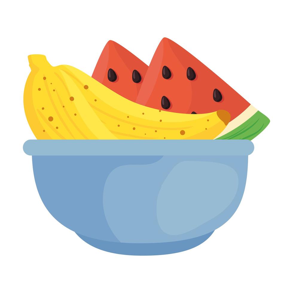 Frutas frescas en un tazón, plátanos y sandía, en fondo blanco. vector
