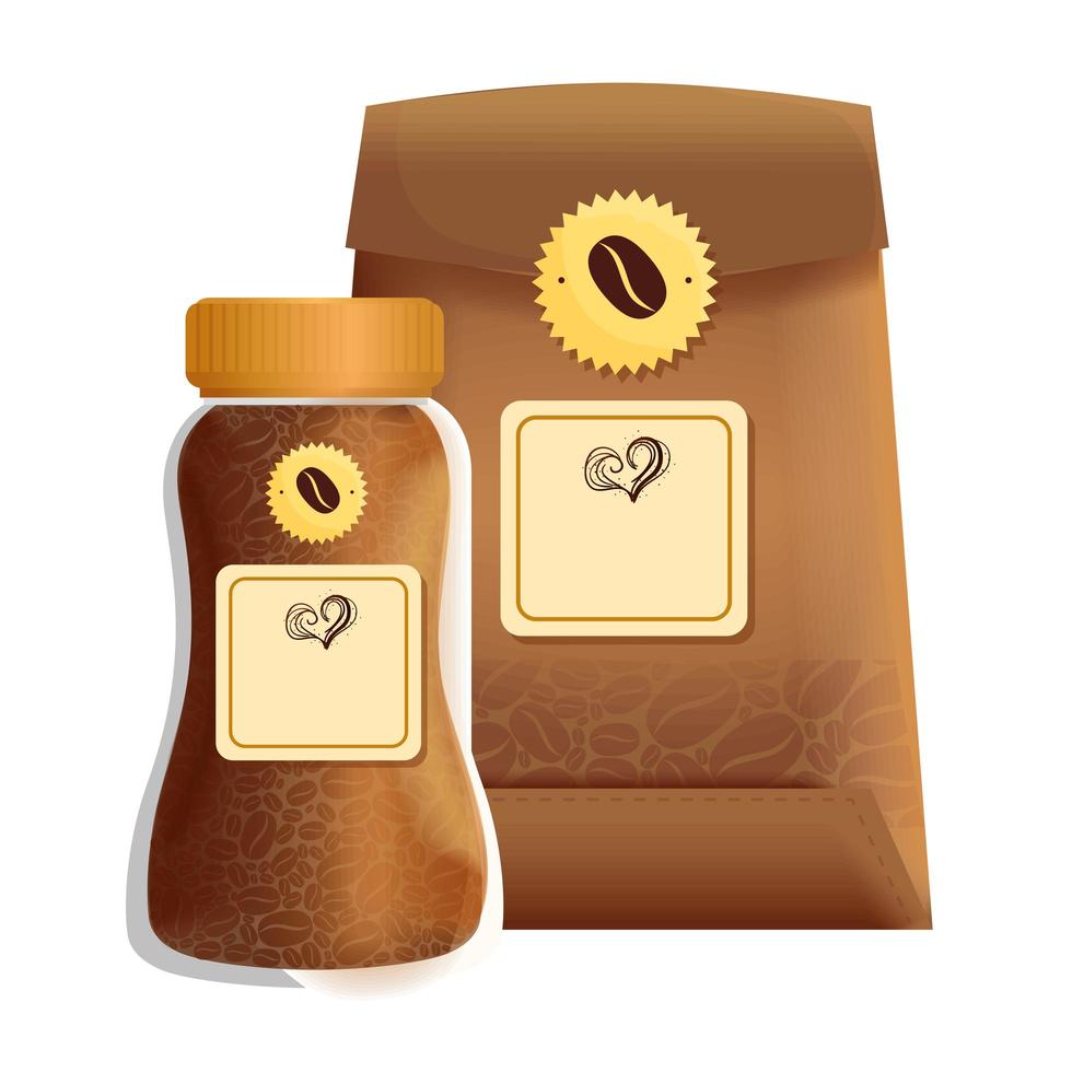 branding mockup coffee shop, glass bottle and bag paper of coffee vector
