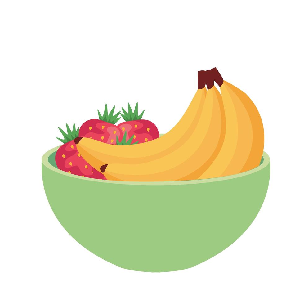 Plátanos y fruta fresca en un tazón, en fondo blanco. vector