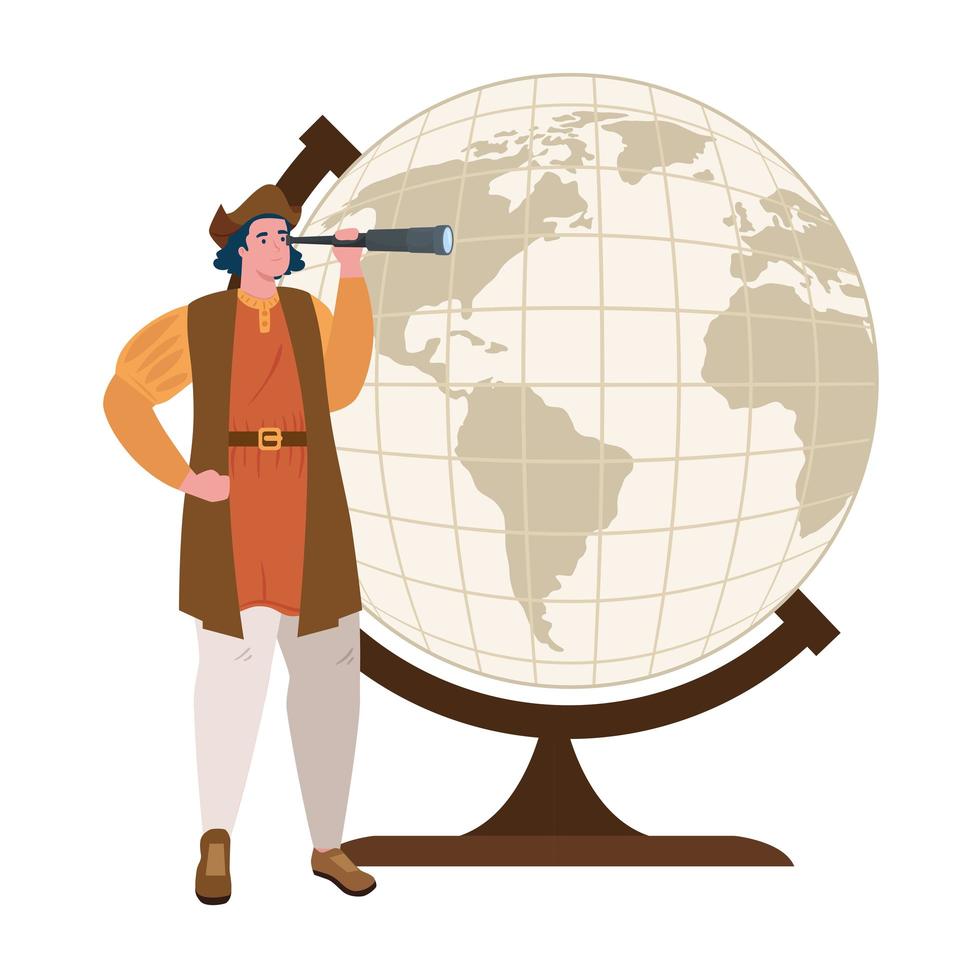 Dibujos animados de Cristóbal Colón con telescopio y diseño vectorial de esfera mundial vector