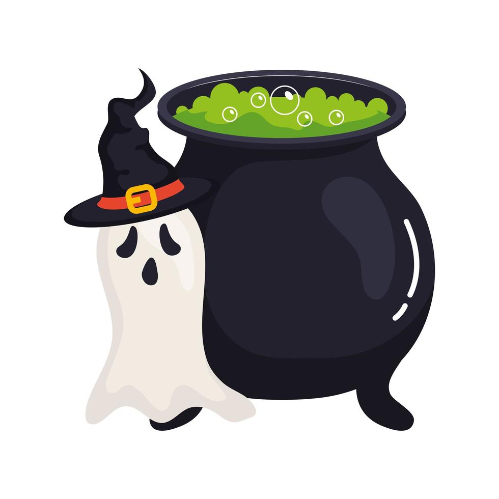 halloween, scary ghost using hat witch with cauldron vector