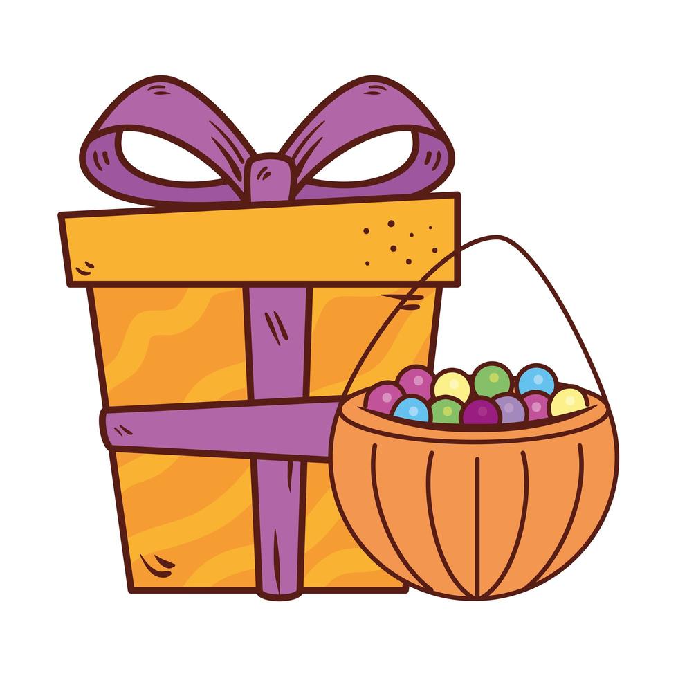 Caja de regalo presente con caramelos de calabaza sobre fondo blanco. vector