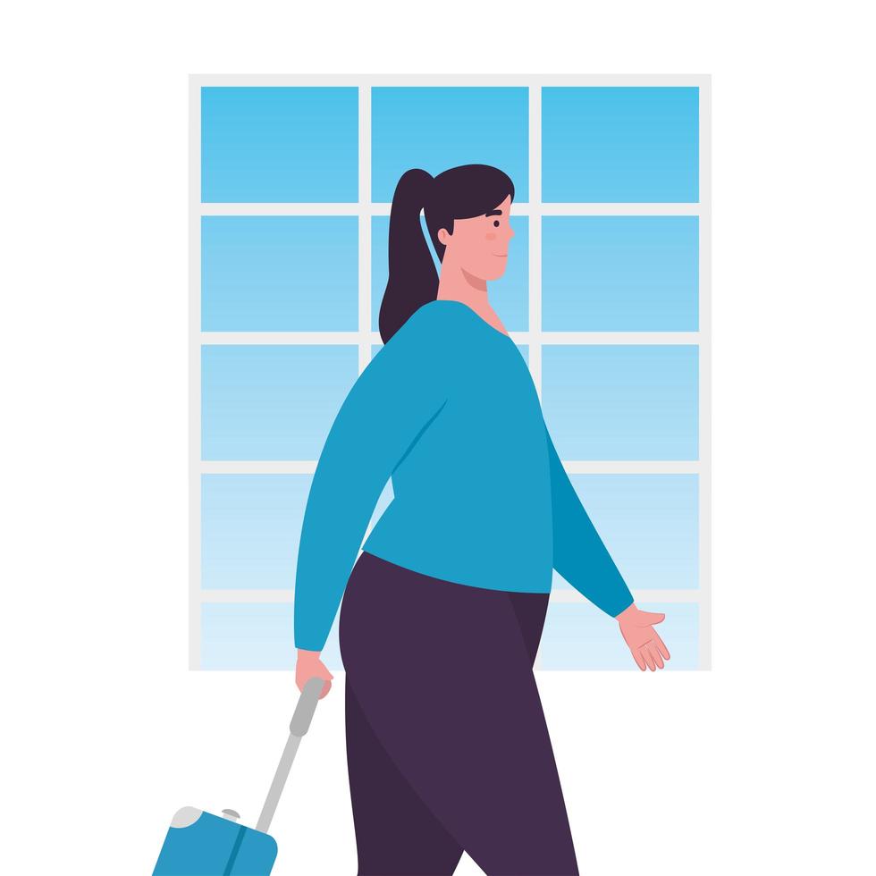 Mujer turista caminando con equipaje sobre fondo blanco. vector