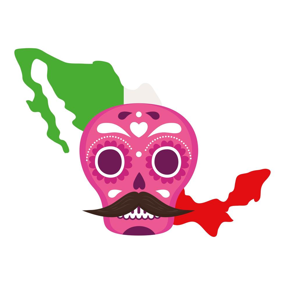 Bandera de mapa de México con calavera mexicana rosa, sobre fondo blanco. vector