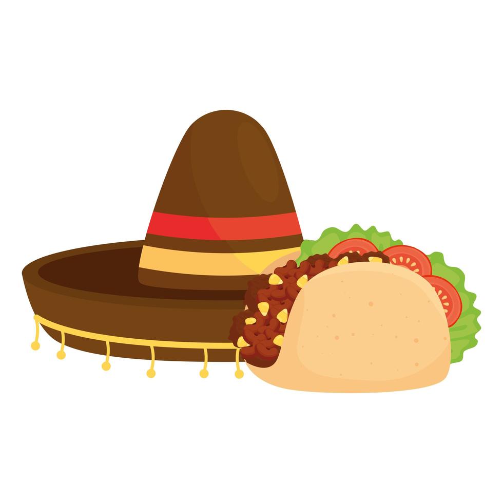 Sombrero mexicano con comida de taco en fondo blanco. vector
