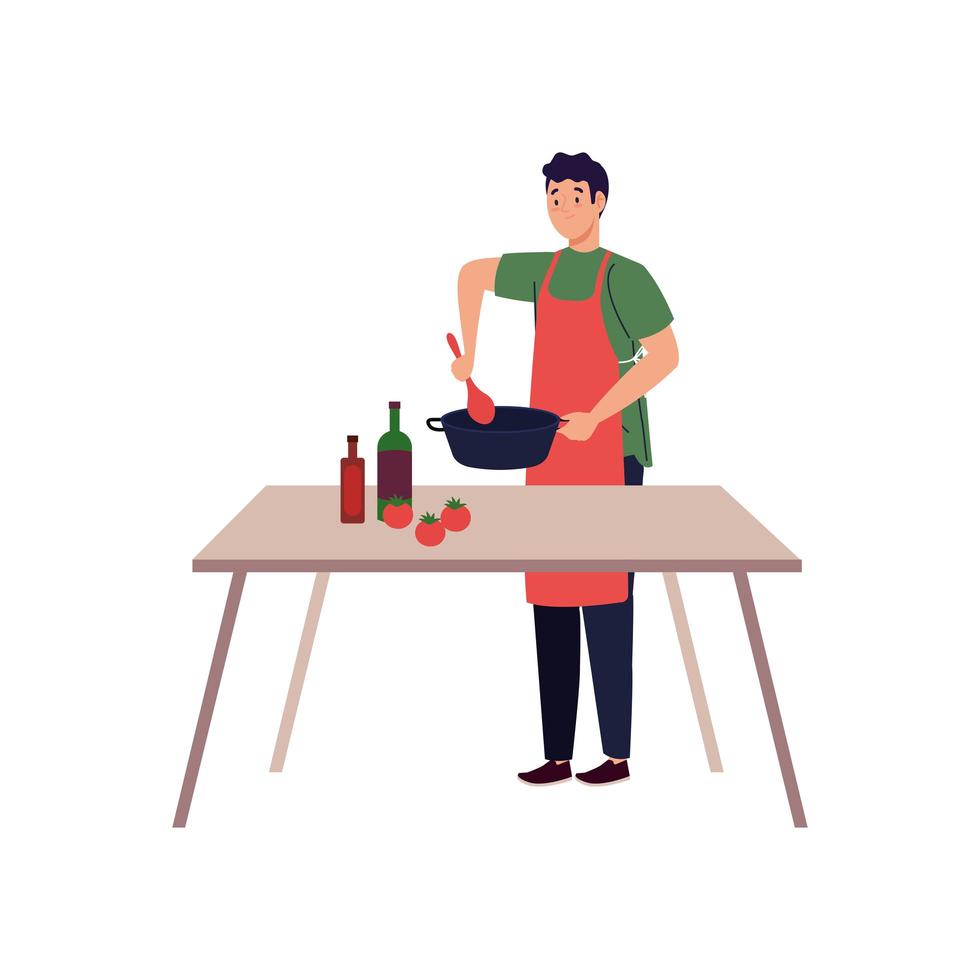 Hombre cocinando con delantal con mesa de madera, en fondo blanco. vector