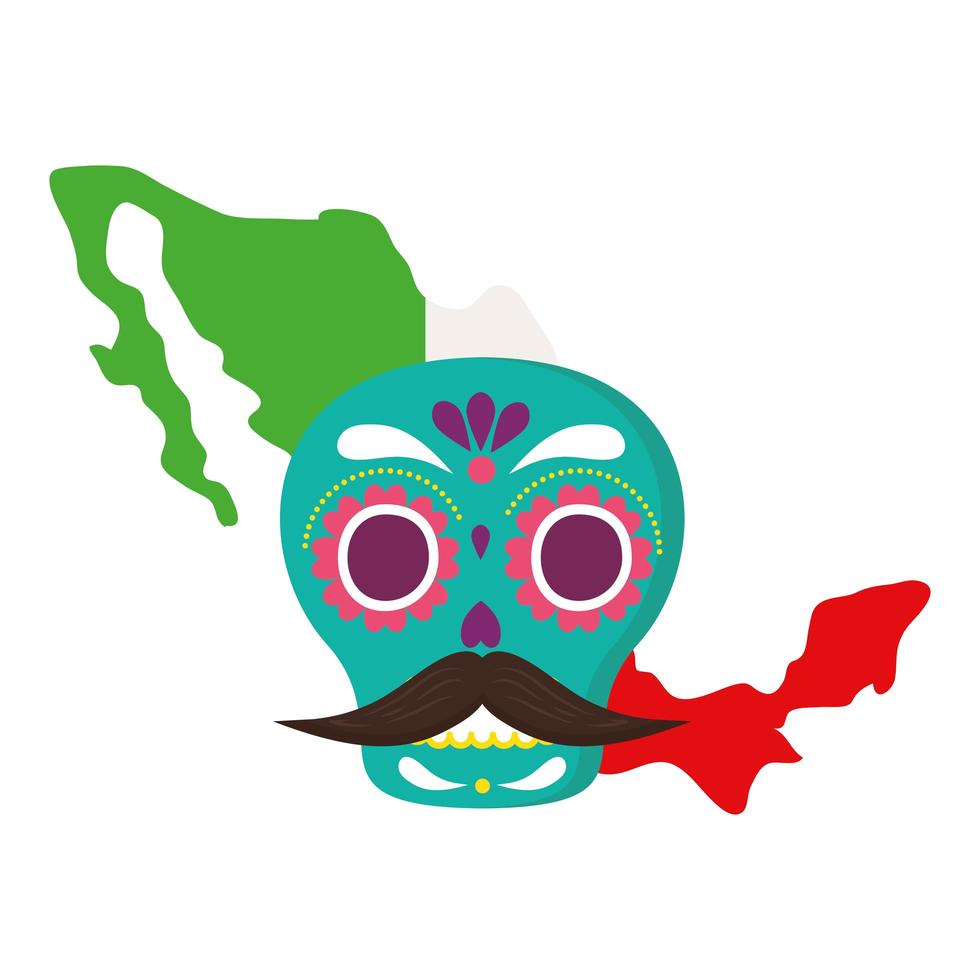 Bandera de mapa de México con calavera mexicana, en fondo blanco vector