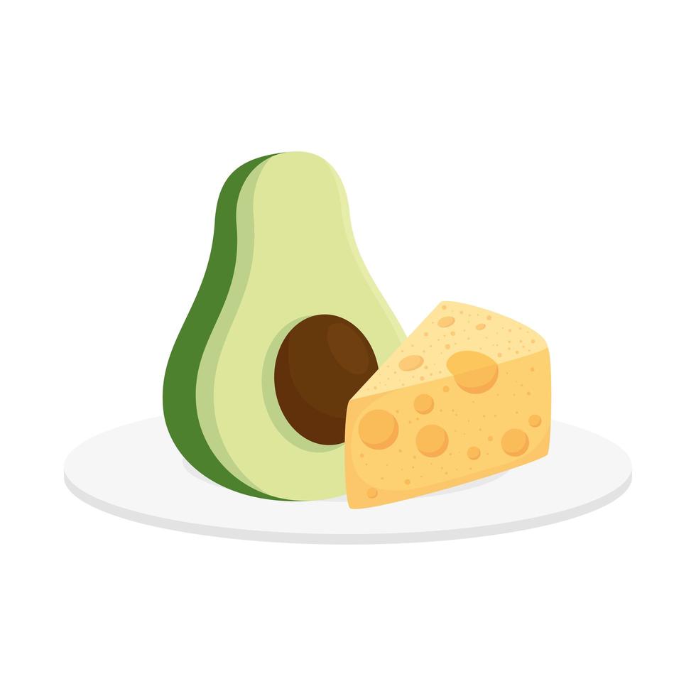 Rebanada de queso con aguacate fresco, sobre fondo blanco. vector