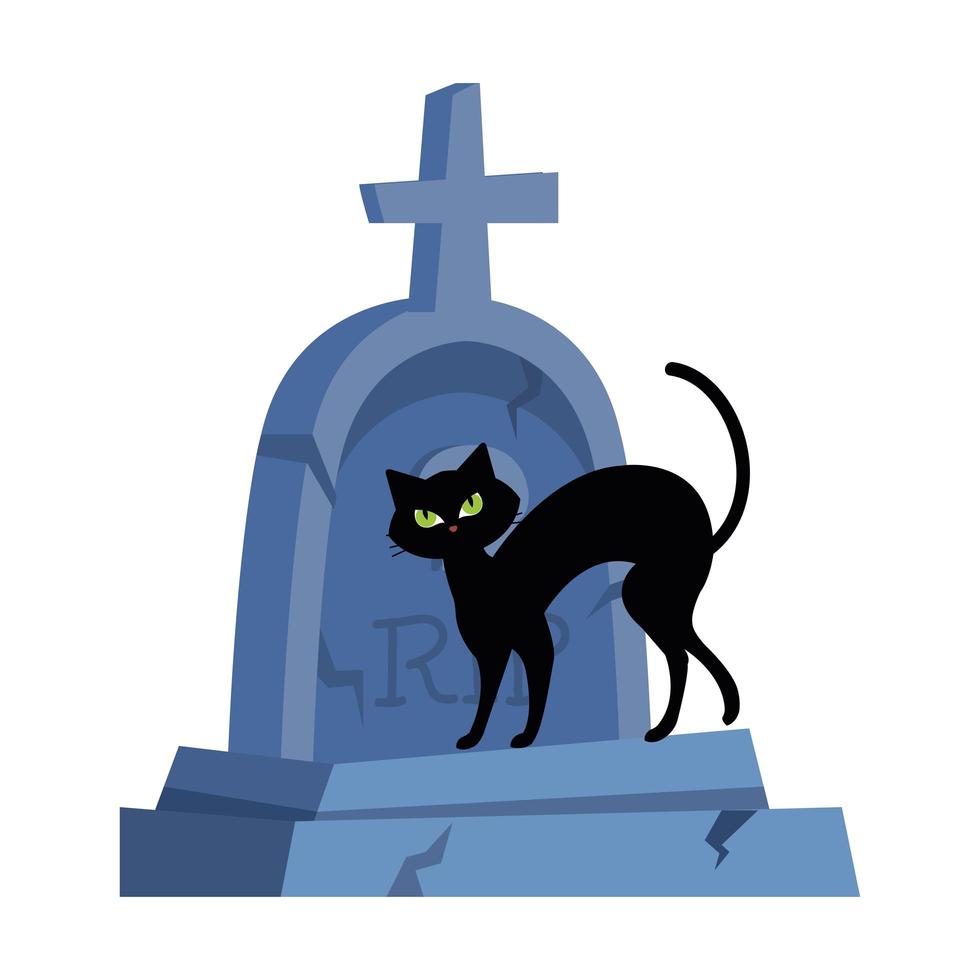 Halloween, lindo gato negro con lápida sobre fondo blanco. vector