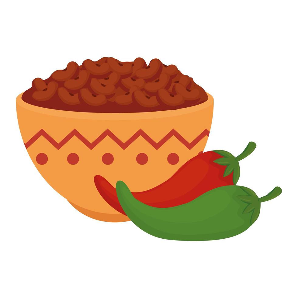 bowl with delicious beans and chili peppers on white background vector