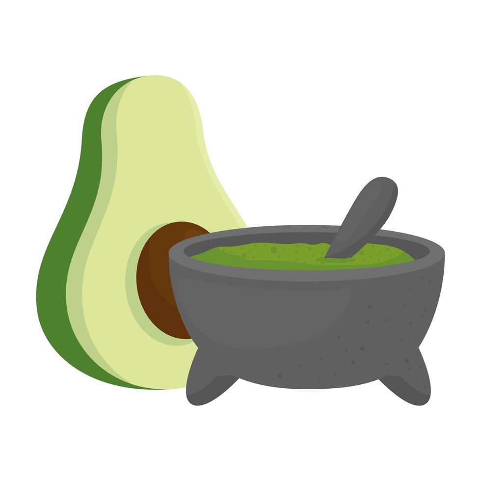 Guacamole en un tazón con aguacate fresco, en fondo blanco. vector