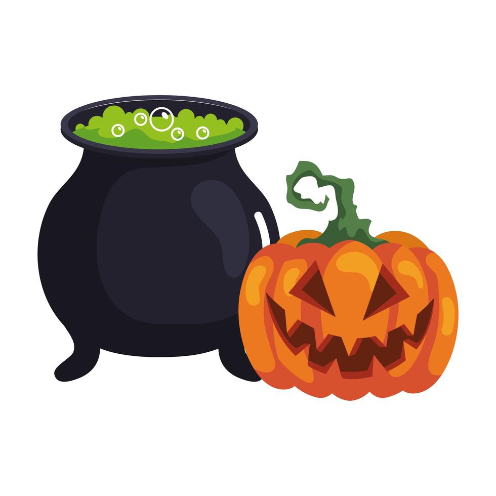 halloween, cauldron witch with pumpkin on white background vector