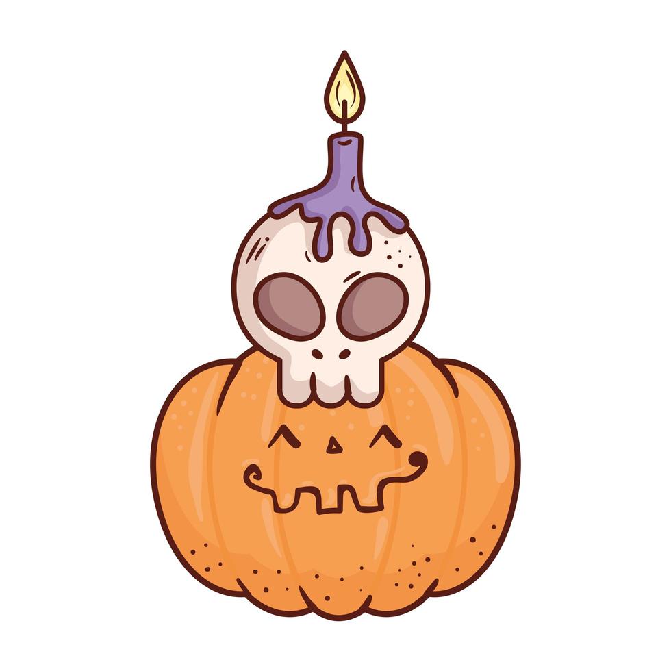 halloween, cute pumpkin and skull with candle, on white background vector