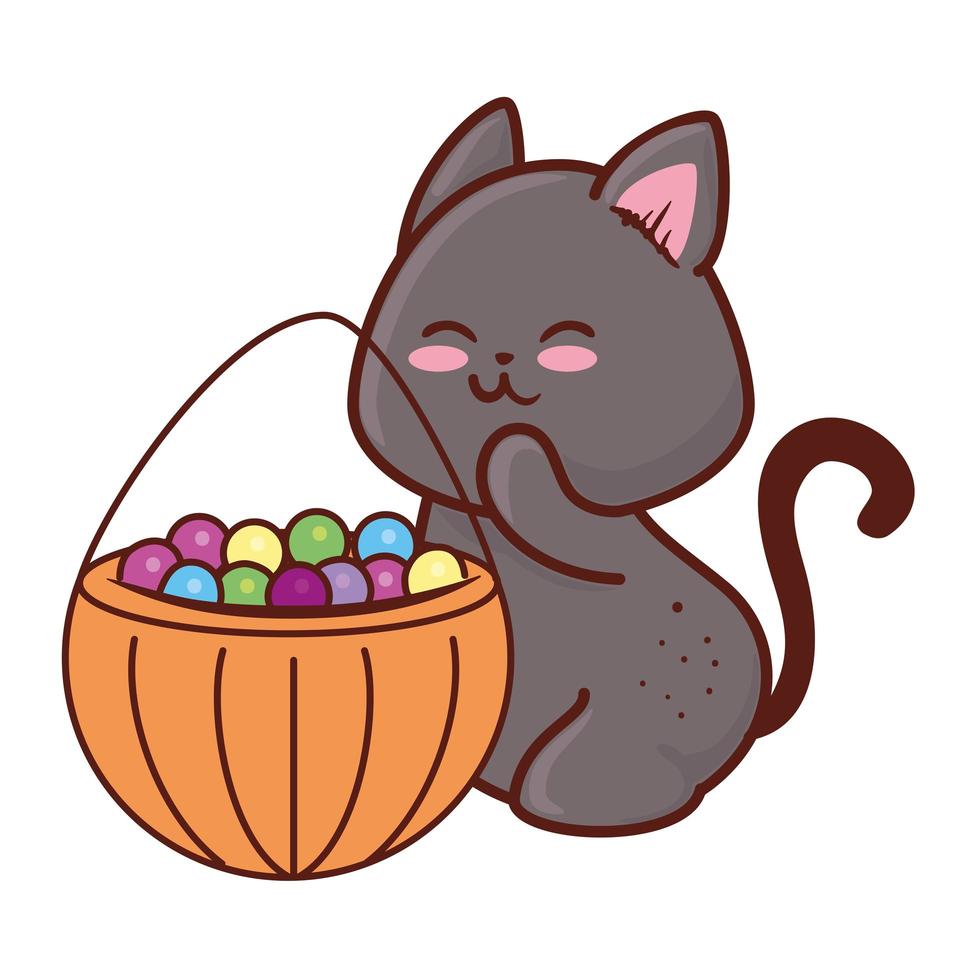 Halloween, lindo gato negro y caramelos, en fondo blanco. vector