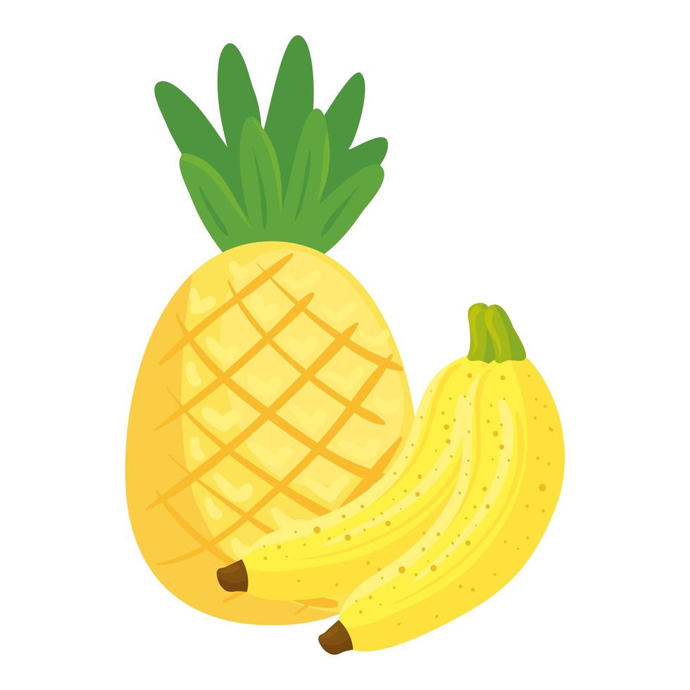 frutas frescas, plátanos y piña, en fondo blanco vector