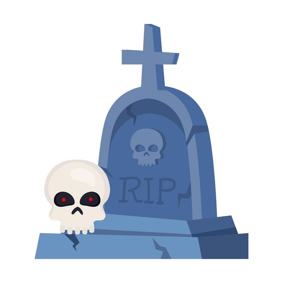 Lápida de Halloween con cruz y calavera sobre fondo blanco. vector