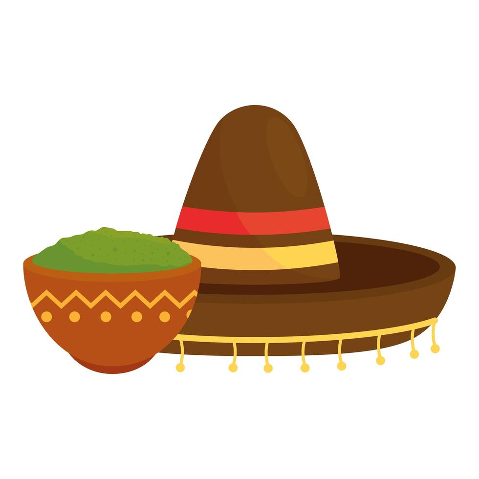 mexican hat with guacamole in bowl, on white background vector