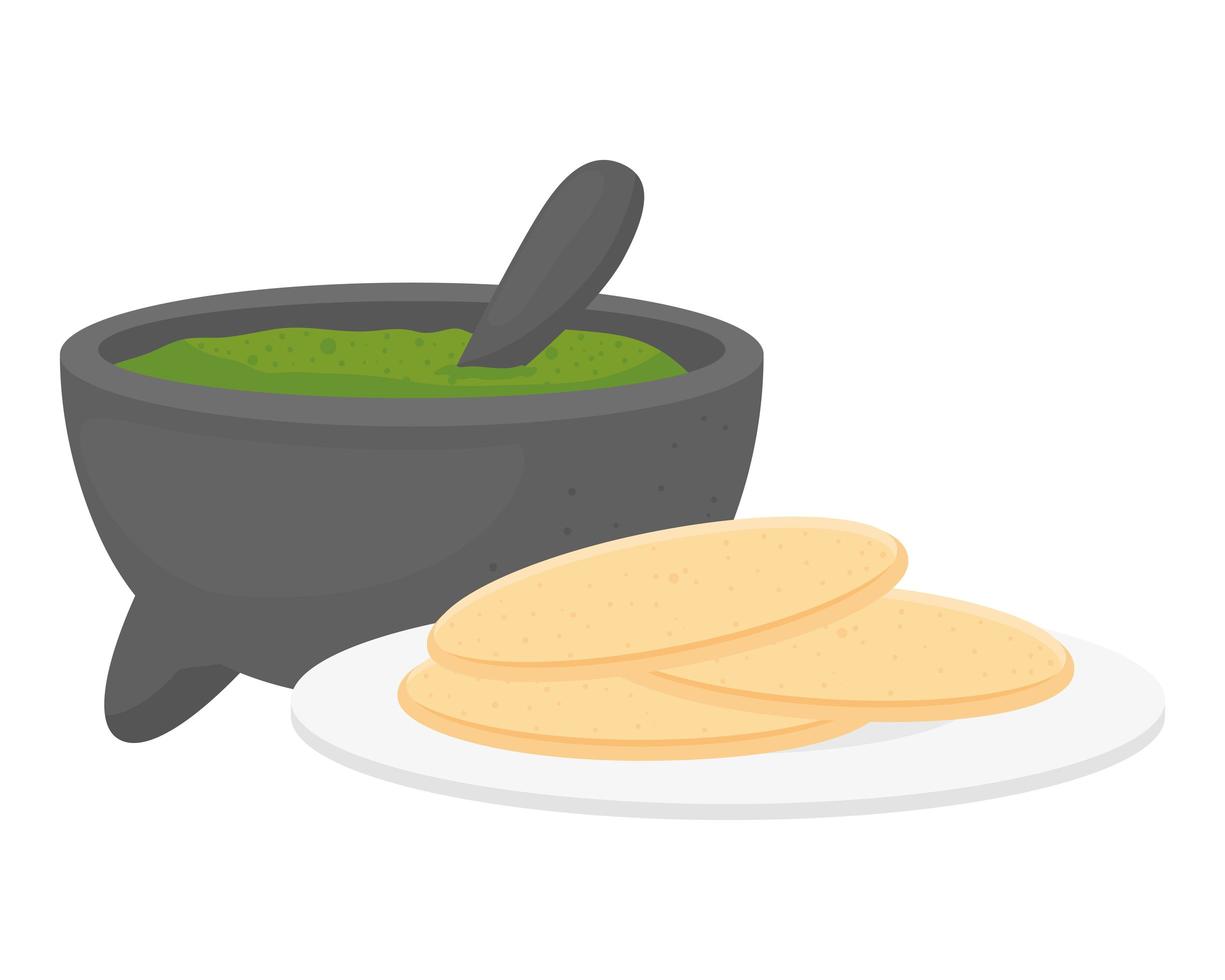 Guacamole en un tazón con tortillas, sobre fondo blanco. vector