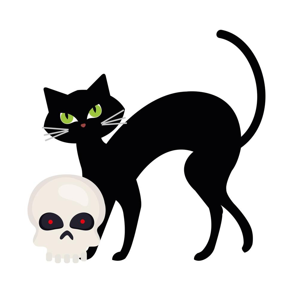 halloween, cute black cat and skull in white background vector