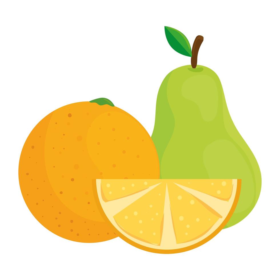frutas frescas, naranja y pera, en fondo blanco vector