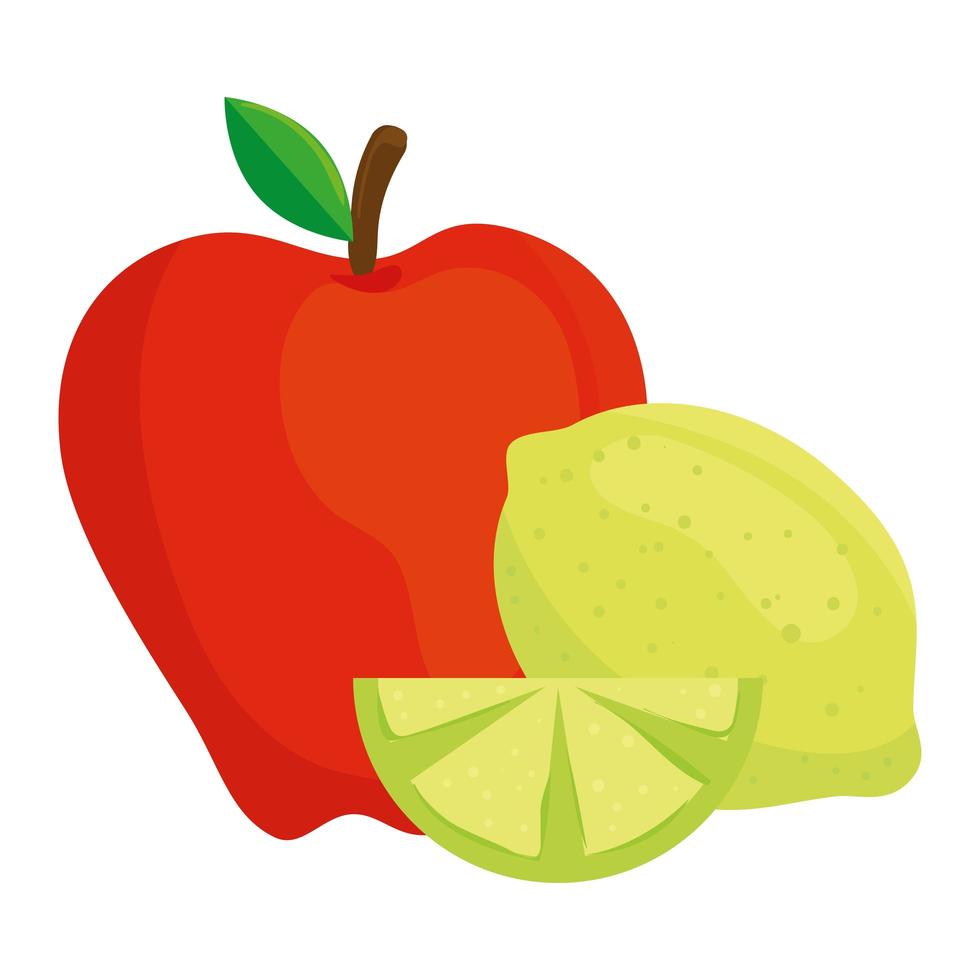 frutas frescas, limón y manzana roja, en fondo blanco vector