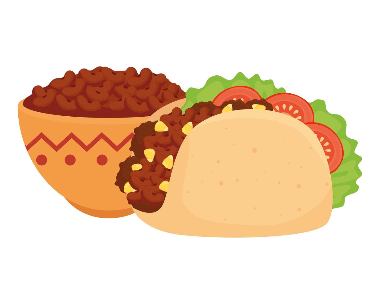 bowl with delicious beans and taco mexican on white background vector