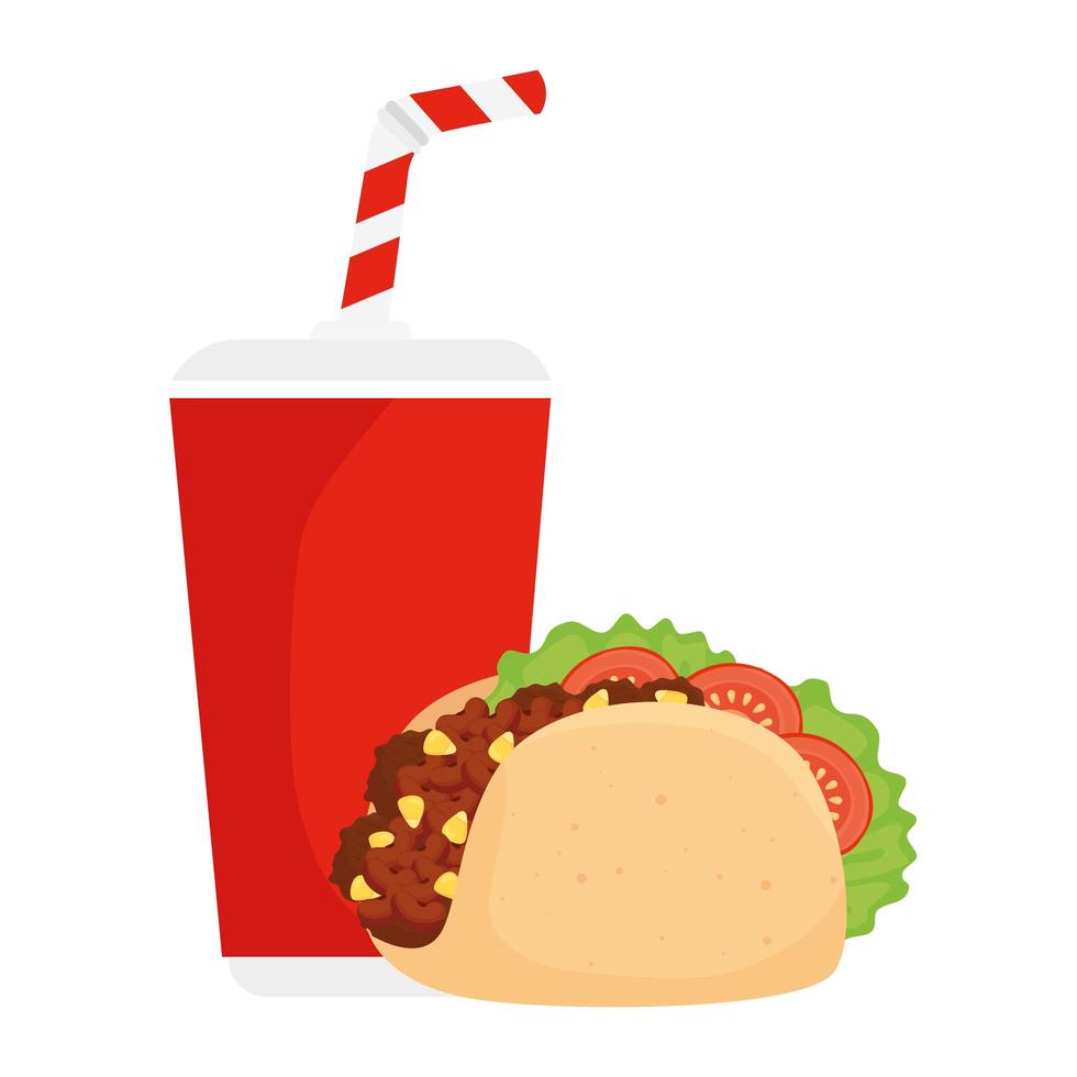 Taco de comida mexicana con bebida en fondo blanco. vector