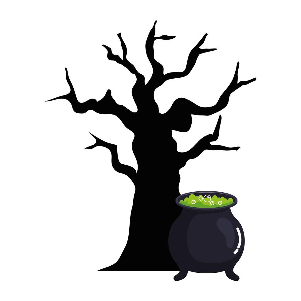 halloween, cauldron witch with dry tree on white background vector