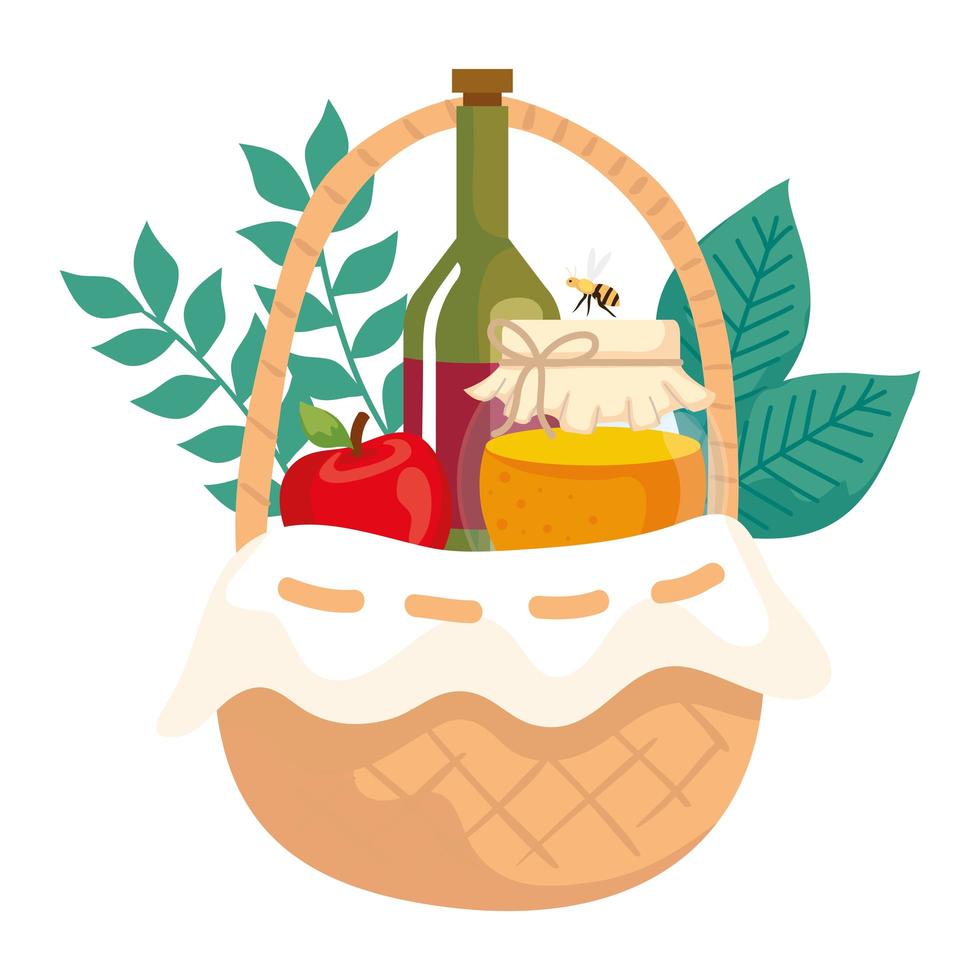 basket wicker with bottle wine, apple and jar honey vector