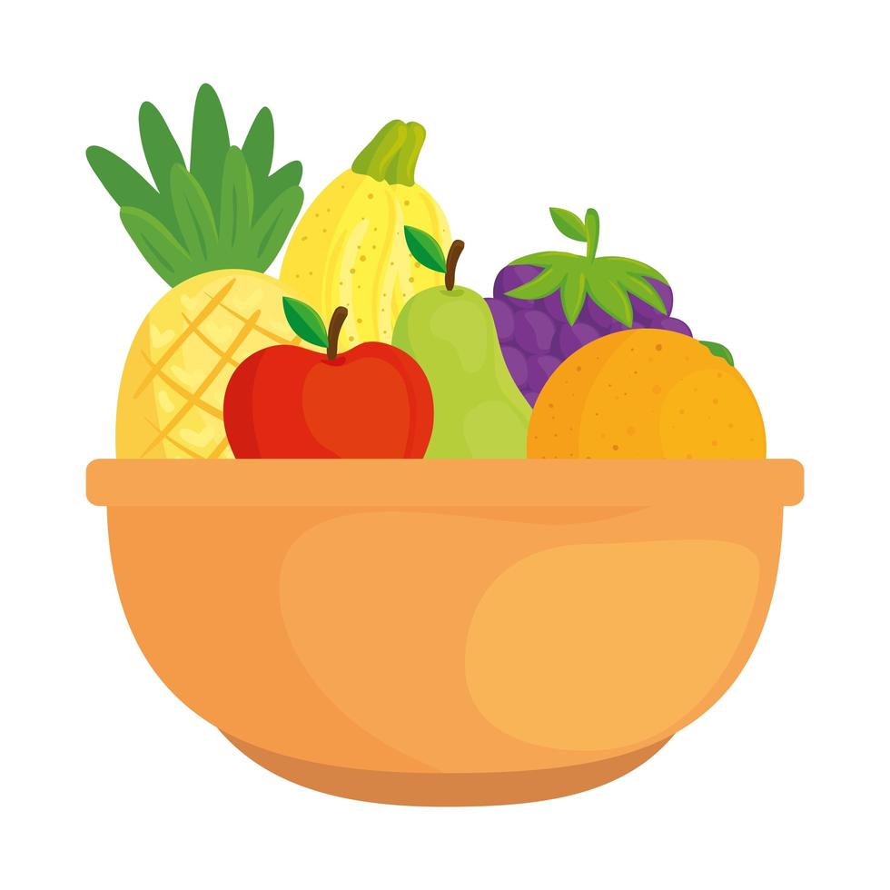 Frutas frescas y saludables en un tazón, en fondo blanco. vector