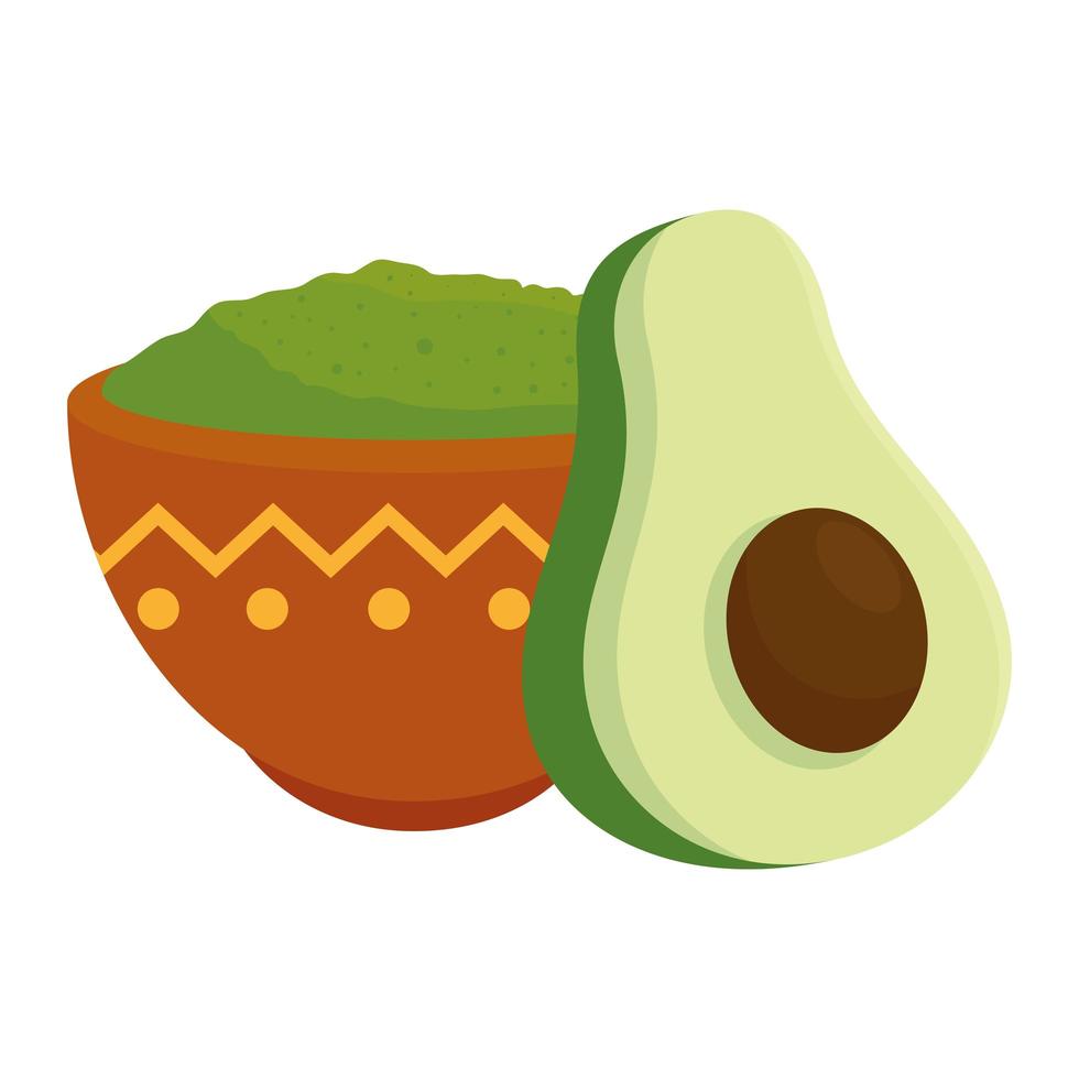 guacamole in bowl with fresh avocado, on white background vector