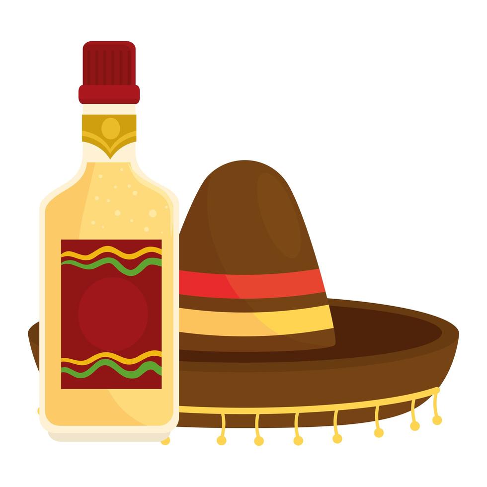 Sombrero mexicano con botella de tequila sobre fondo blanco. vector