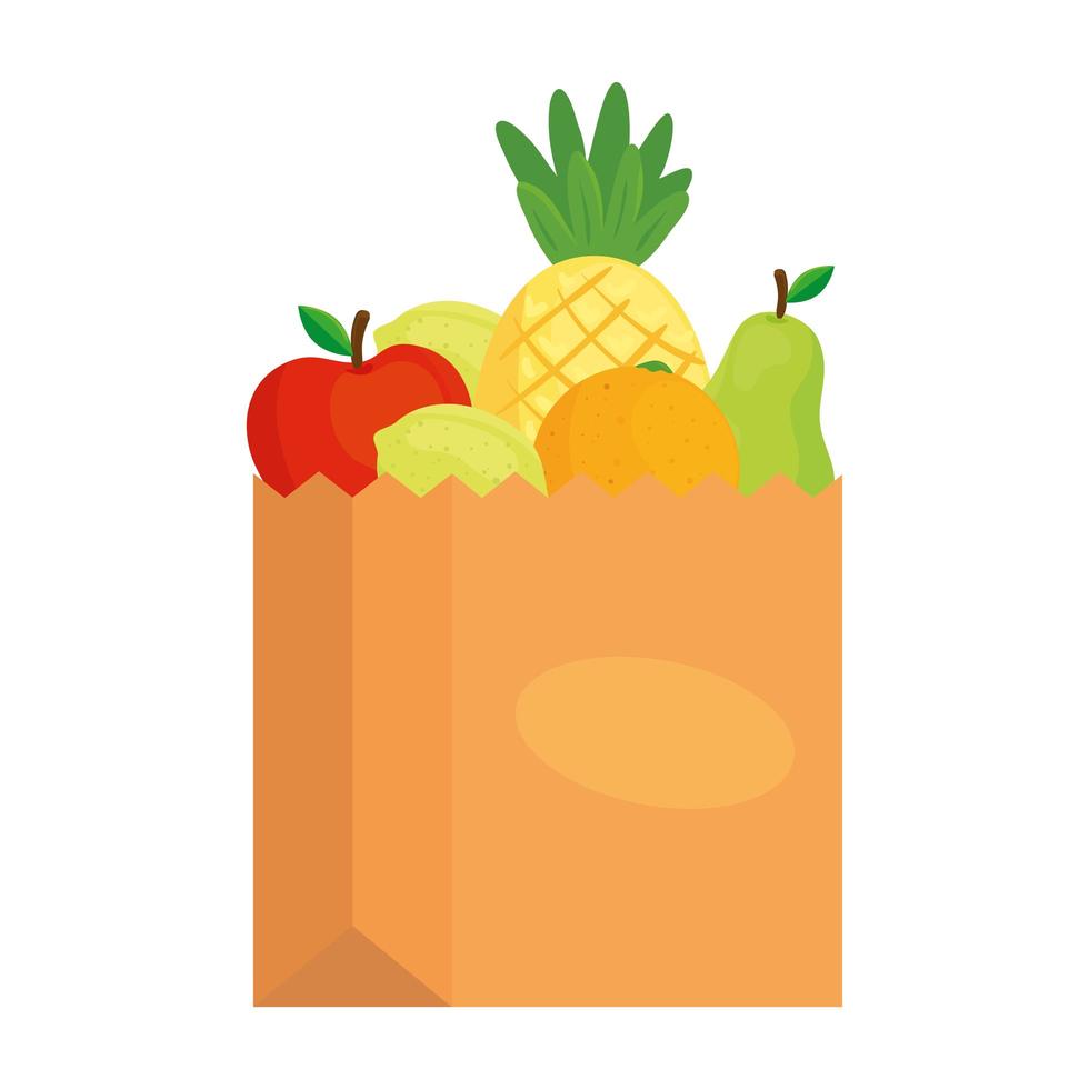 Frutas frescas y saludables en bolsa de papel, sobre fondo blanco. vector