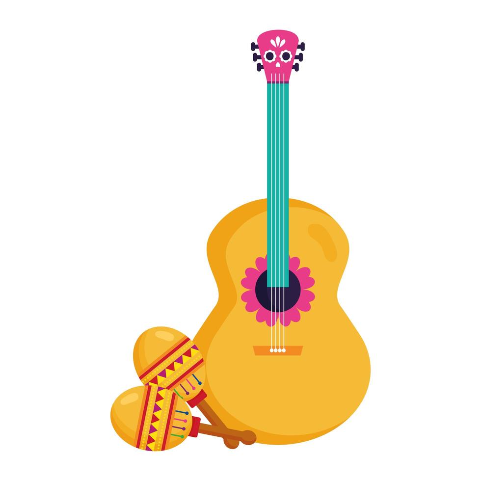 Guitarra mexicana y maracas, sobre fondo blanco. vector