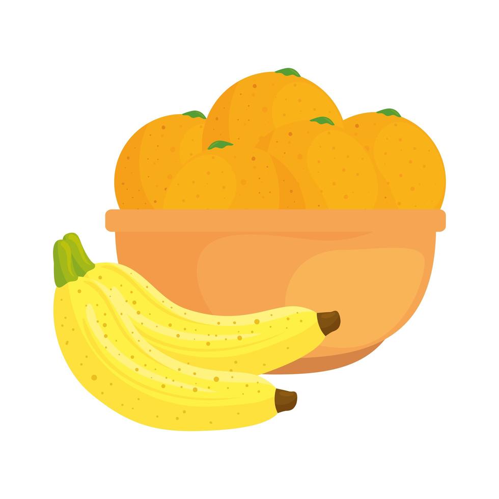 Frutas frescas, plátanos y naranjas en un tazón, en fondo blanco. vector