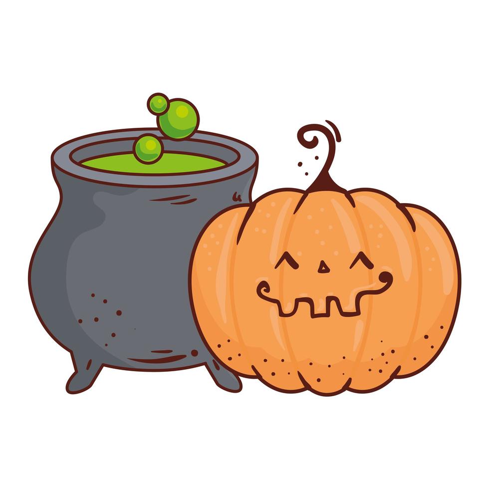 halloween cute pumpkin and cauldron, on white background vector