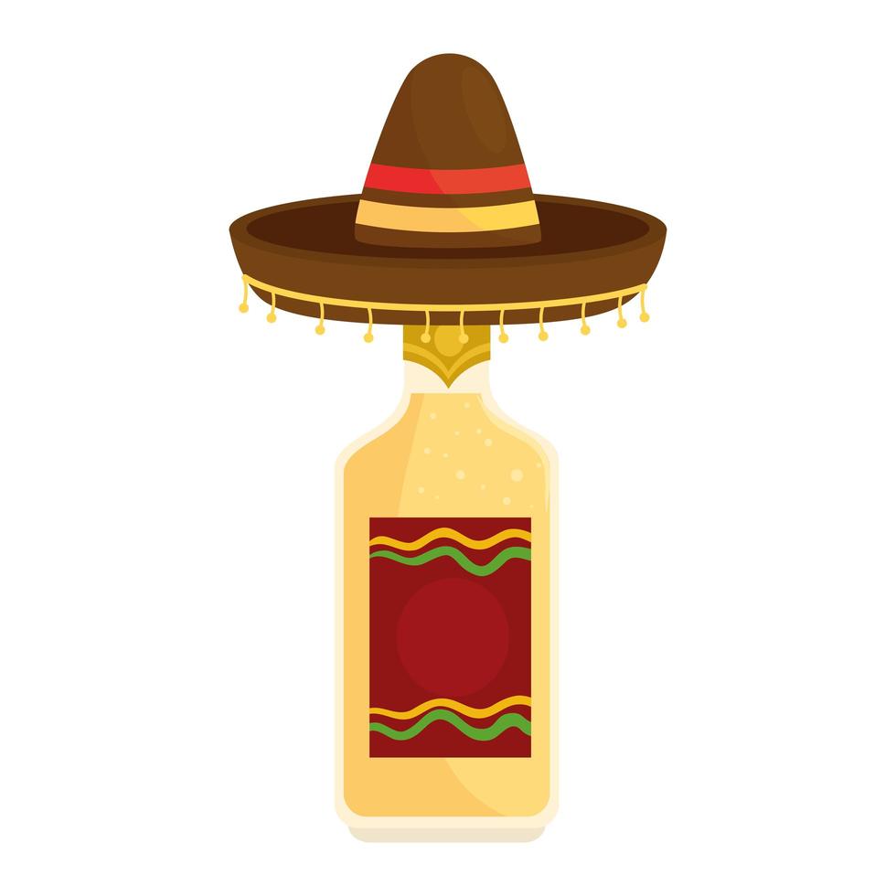 Sombrero mexicano con botella de tequila en fondo blanco. vector