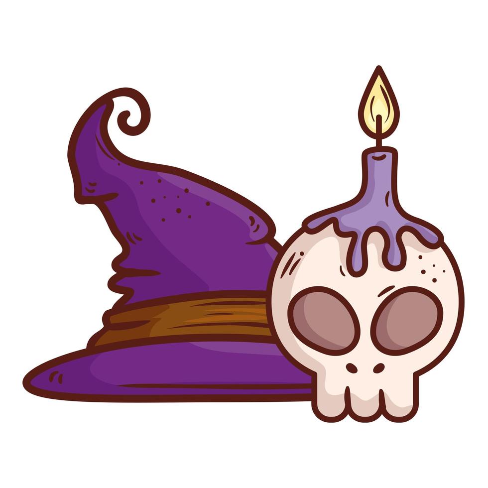 halloween, hat witch and skull with candle on white background vector